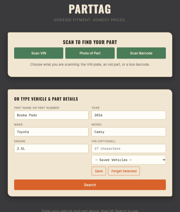 PARTTAG search screen with Scan VIN, Photo of Part and Scan Barcode buttons and a vehicle and part form